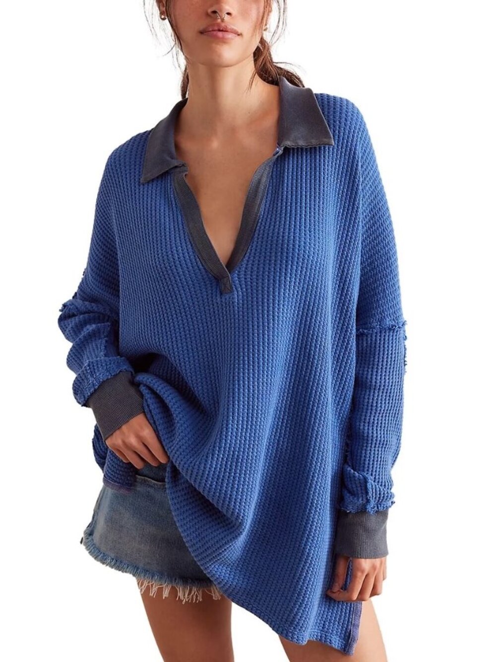 Free People We The Free Travis Polo Waffle Thermal Knit Blue Colorway Large